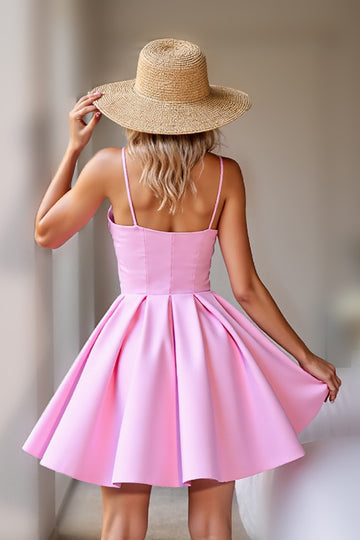 Pink  A Line Satin Spaghetti Straps Short Homecoming Dress